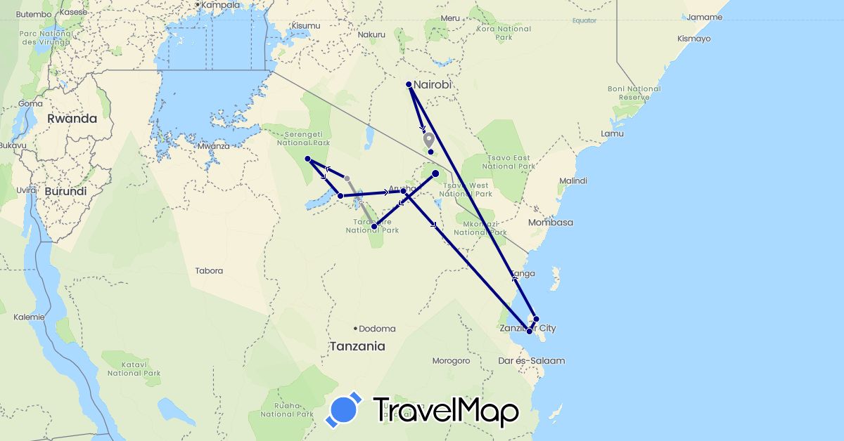 TravelMap itinerary: driving, plane in Kenya, Tanzania (Africa)